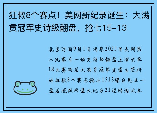 狂救8个赛点！美网新纪录诞生：大满贯冠军史诗级翻盘，抢七15-13